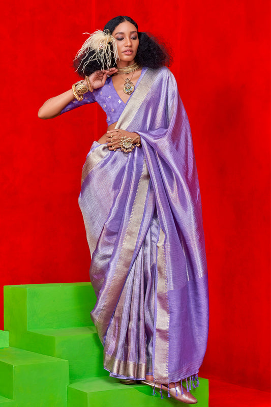 Dusty Lilac Viscose Zari Tissue Saree With Blouse