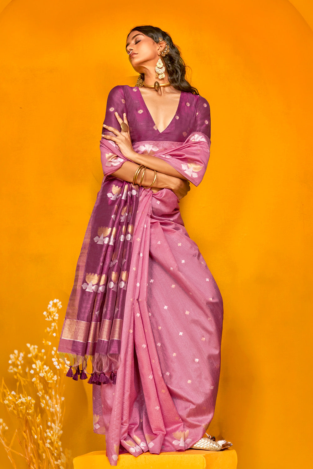 Pink Saree Lotus Design Contrast Pallu With Blouse