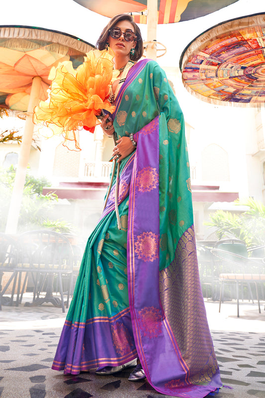 Dark Green Satin Saree With Contrast Pallu & Blouse