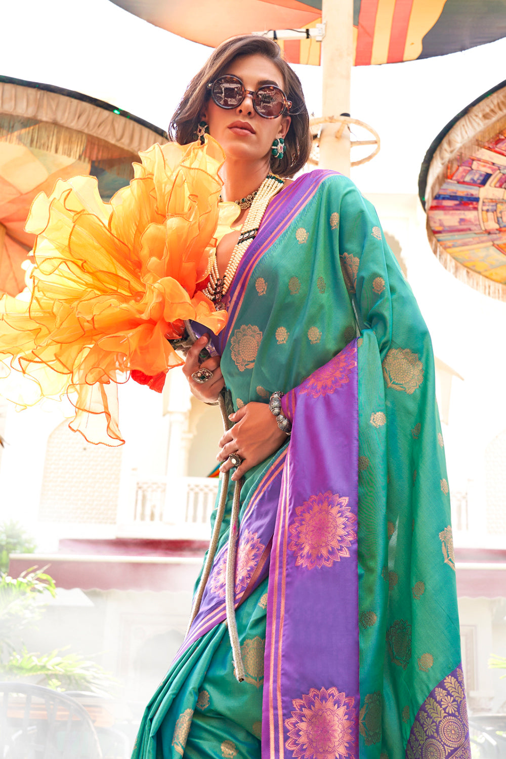 Dark Green Satin Saree With Contrast Pallu & Blouse