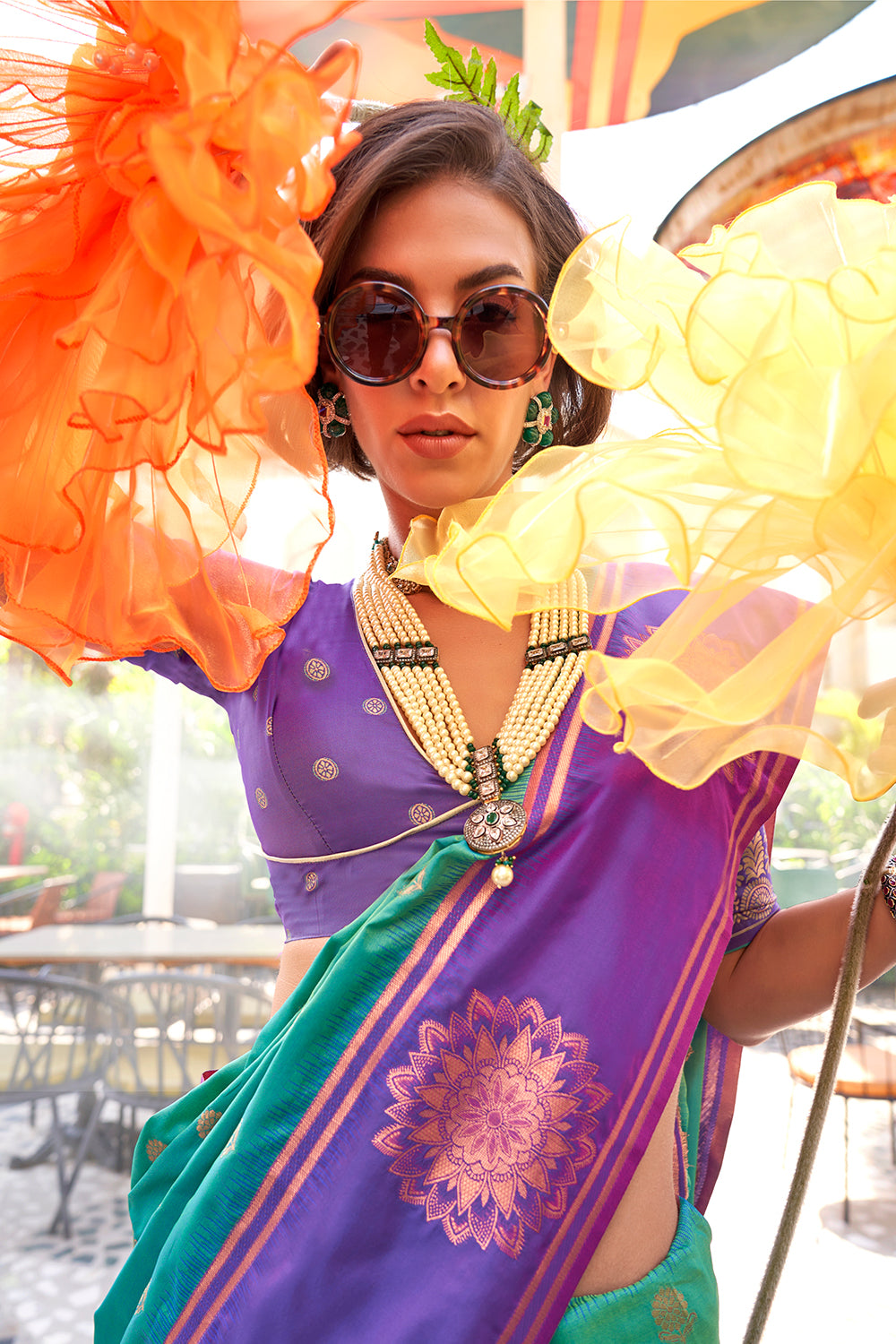 Dark Green Satin Saree With Contrast Pallu & Blouse