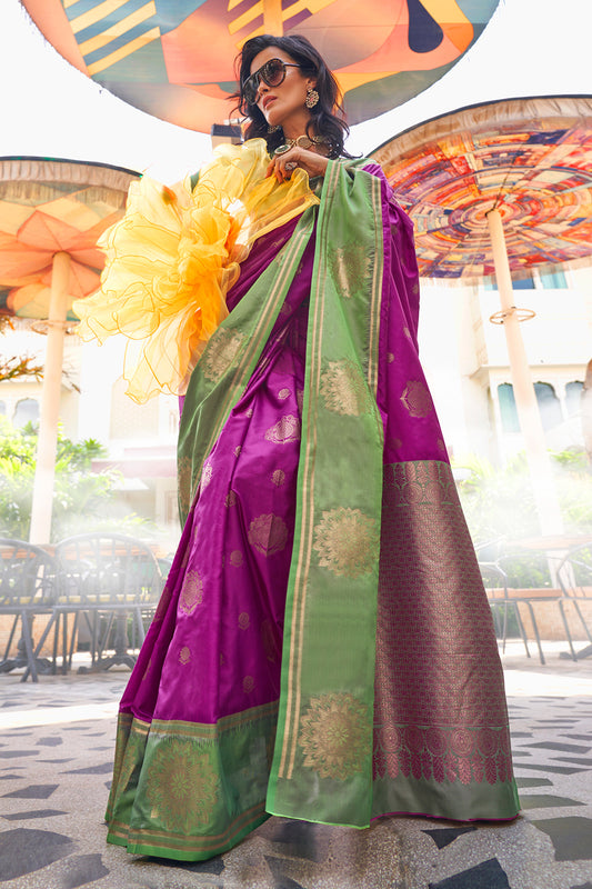Dark Purple Satin Saree With Contrast Pallu & Blouse