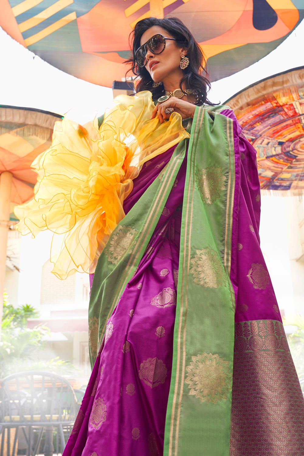 Dark Purple Satin Saree With Contrast Pallu & Blouse