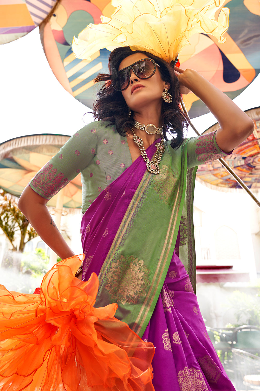 Dark Purple Satin Saree With Contrast Pallu & Blouse