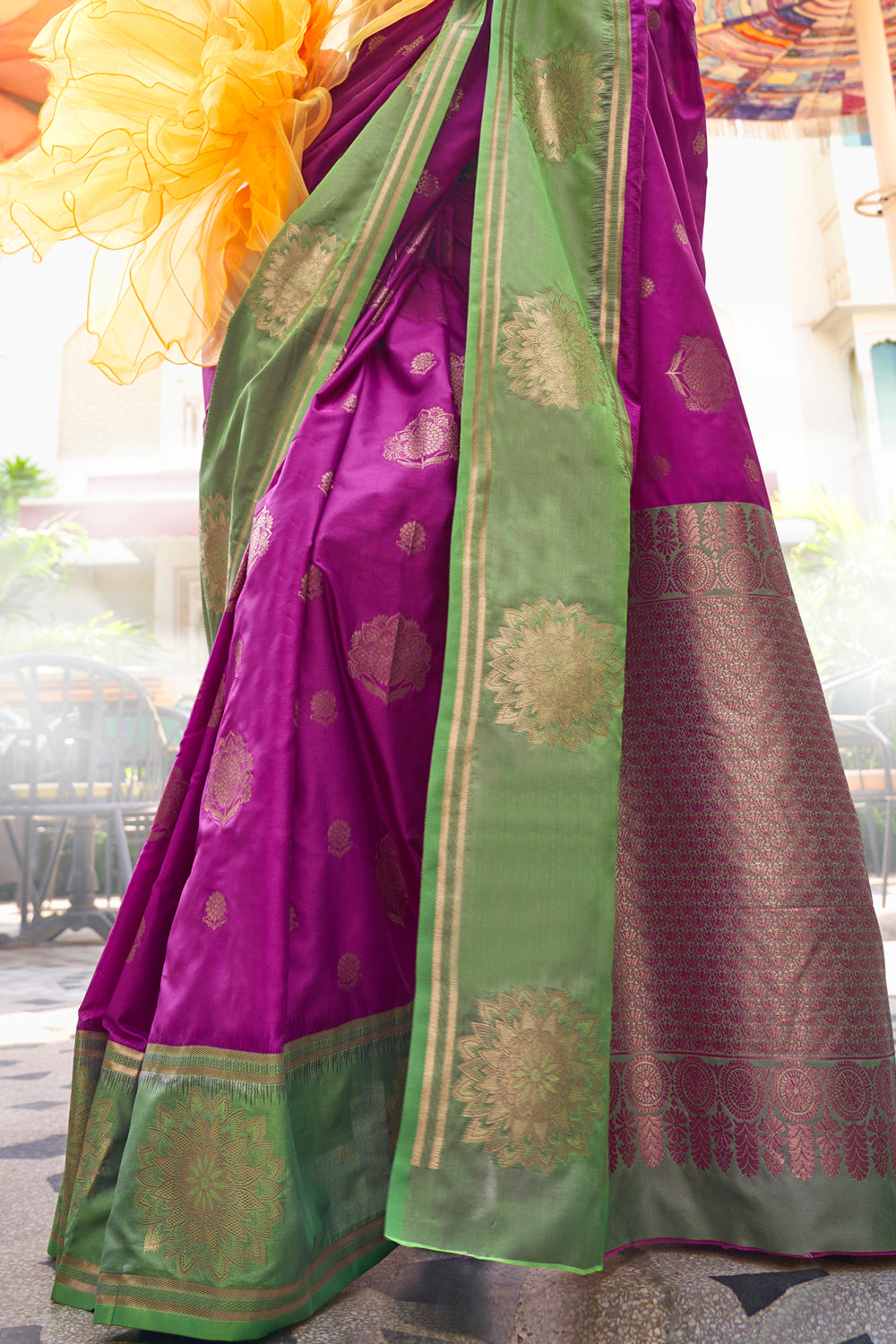 Dark Purple Satin Saree With Contrast Pallu & Blouse