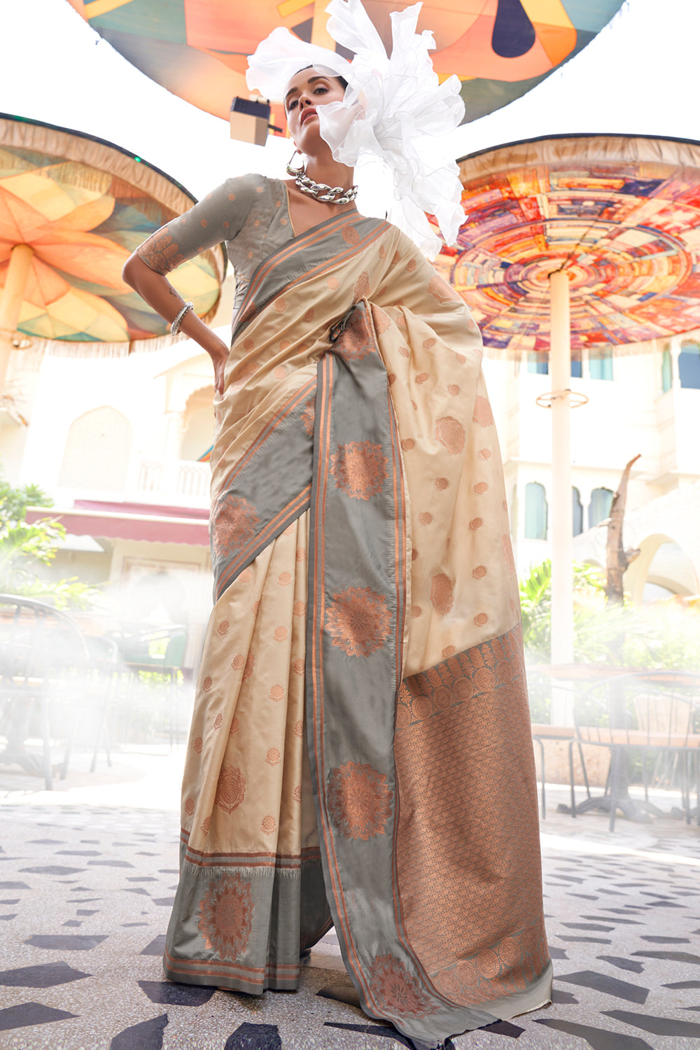 Beige Two Tone Contrast Katan Saree With Blouse
