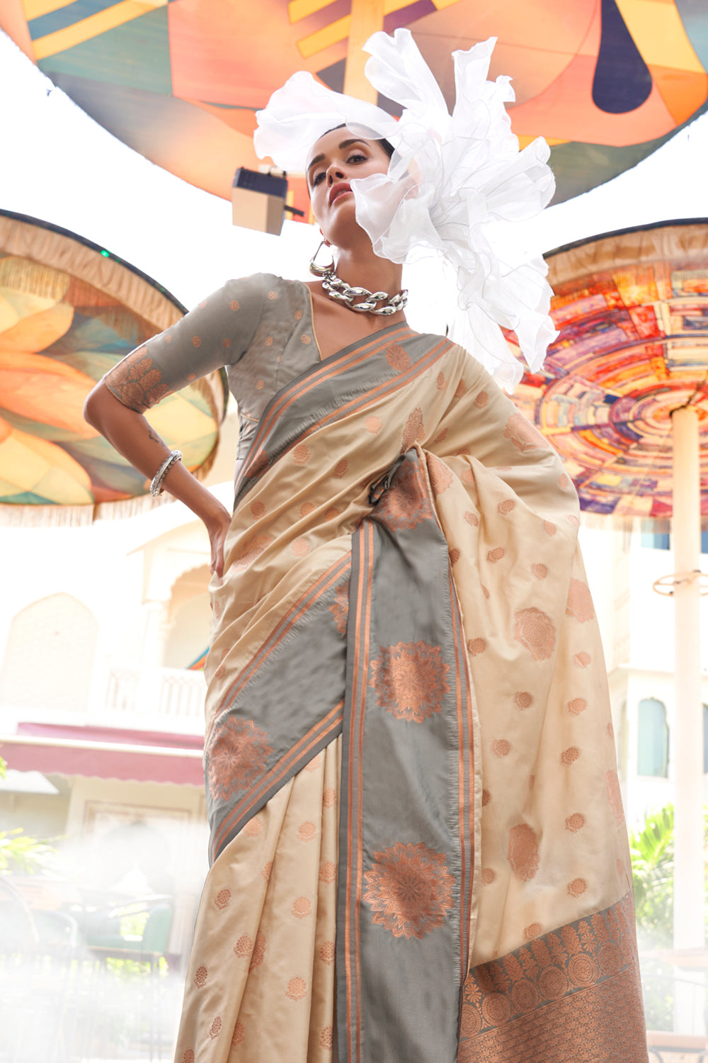 Beige Two Tone Contrast Katan Saree With Blouse