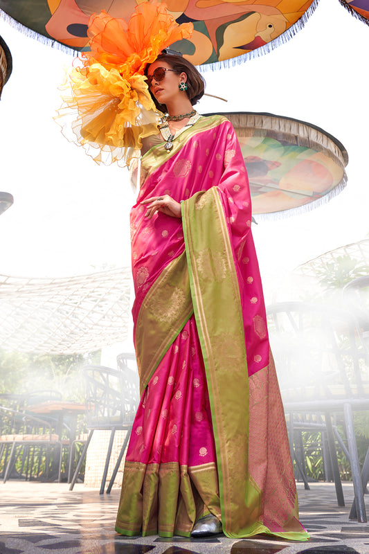 Pink Two Tone Contrast Katan Saree With Blouse