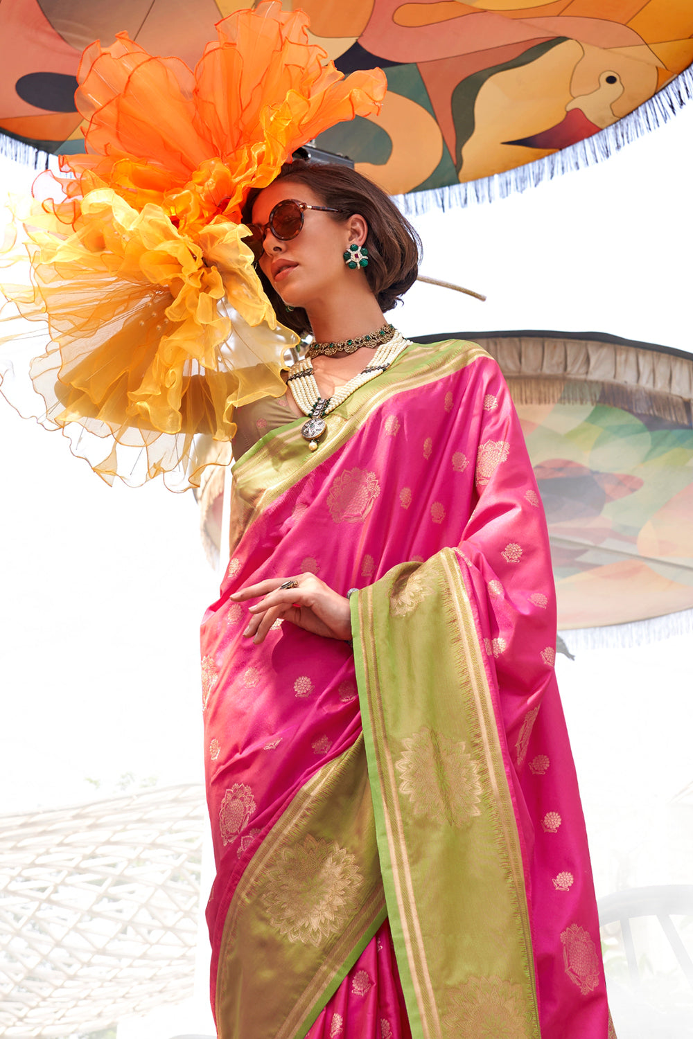 Pink Two Tone Contrast Katan Saree With Blouse