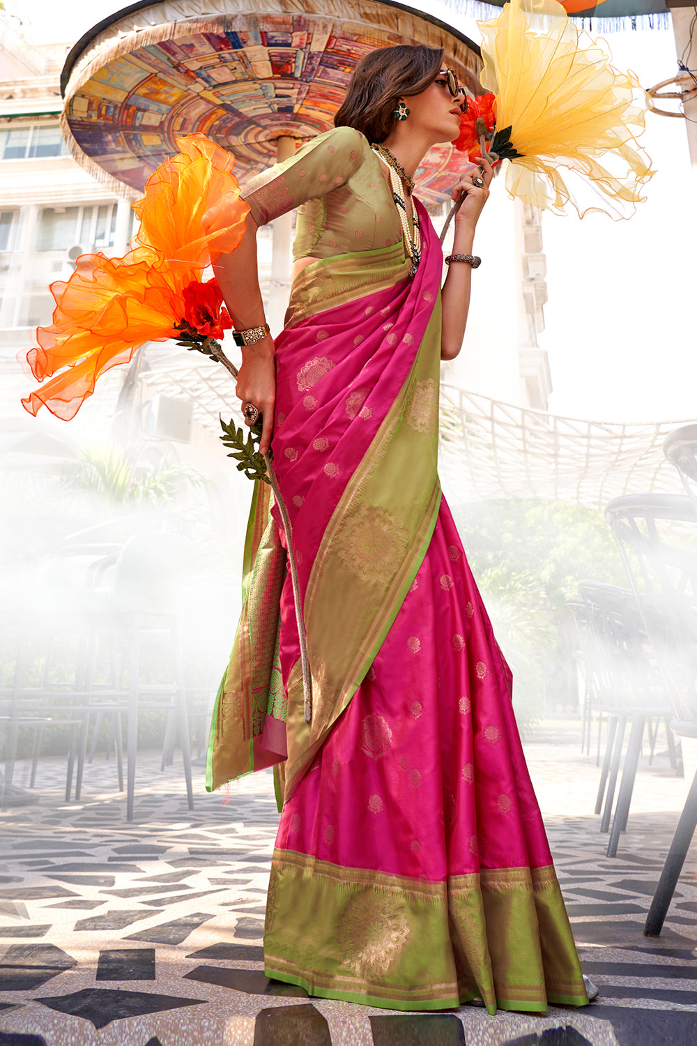 Pink Two Tone Contrast Katan Saree With Blouse