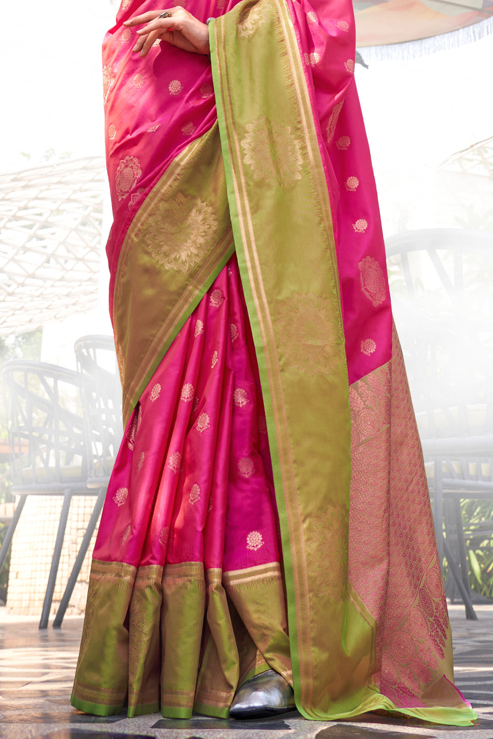 Pink Two Tone Contrast Katan Saree With Blouse