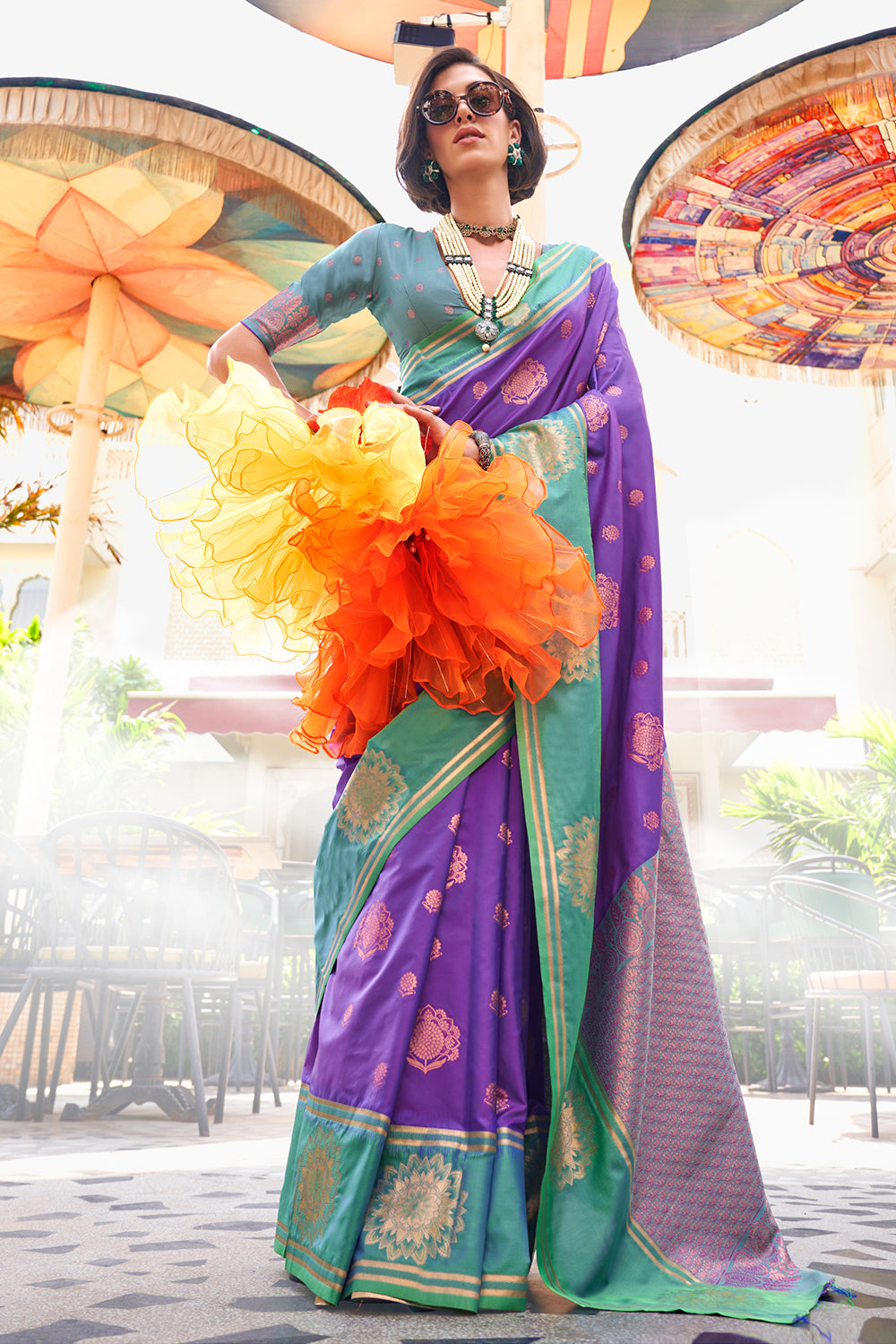 Lilac Two Tone Contrast Katan Saree With Blouse