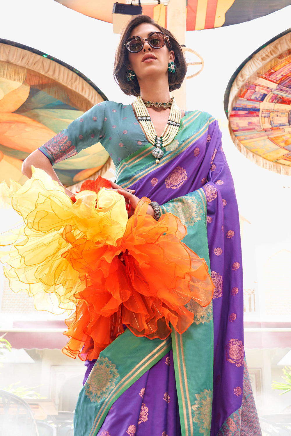 Lilac Two Tone Contrast Katan Saree With Blouse