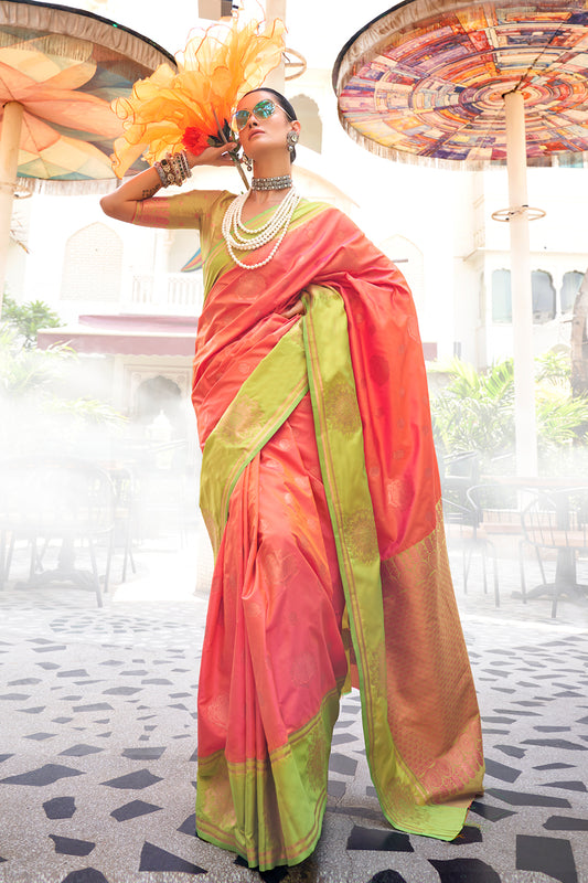 Orange Two Tone Contrast Katan Saree With Blouse