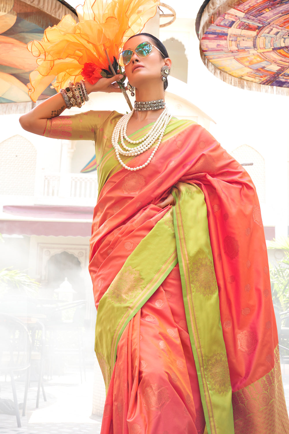 Orange Two Tone Contrast Katan Saree With Blouse