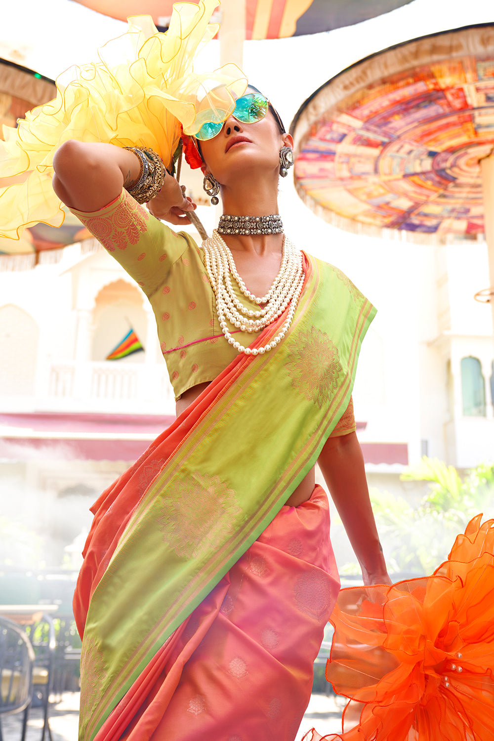 Orange Two Tone Contrast Katan Saree With Blouse