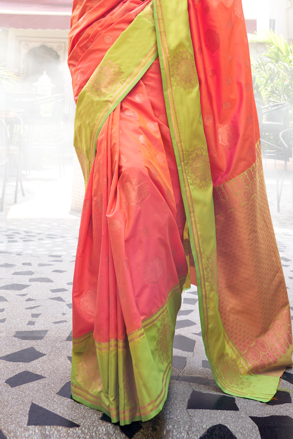 Orange Two Tone Contrast Katan Saree With Blouse