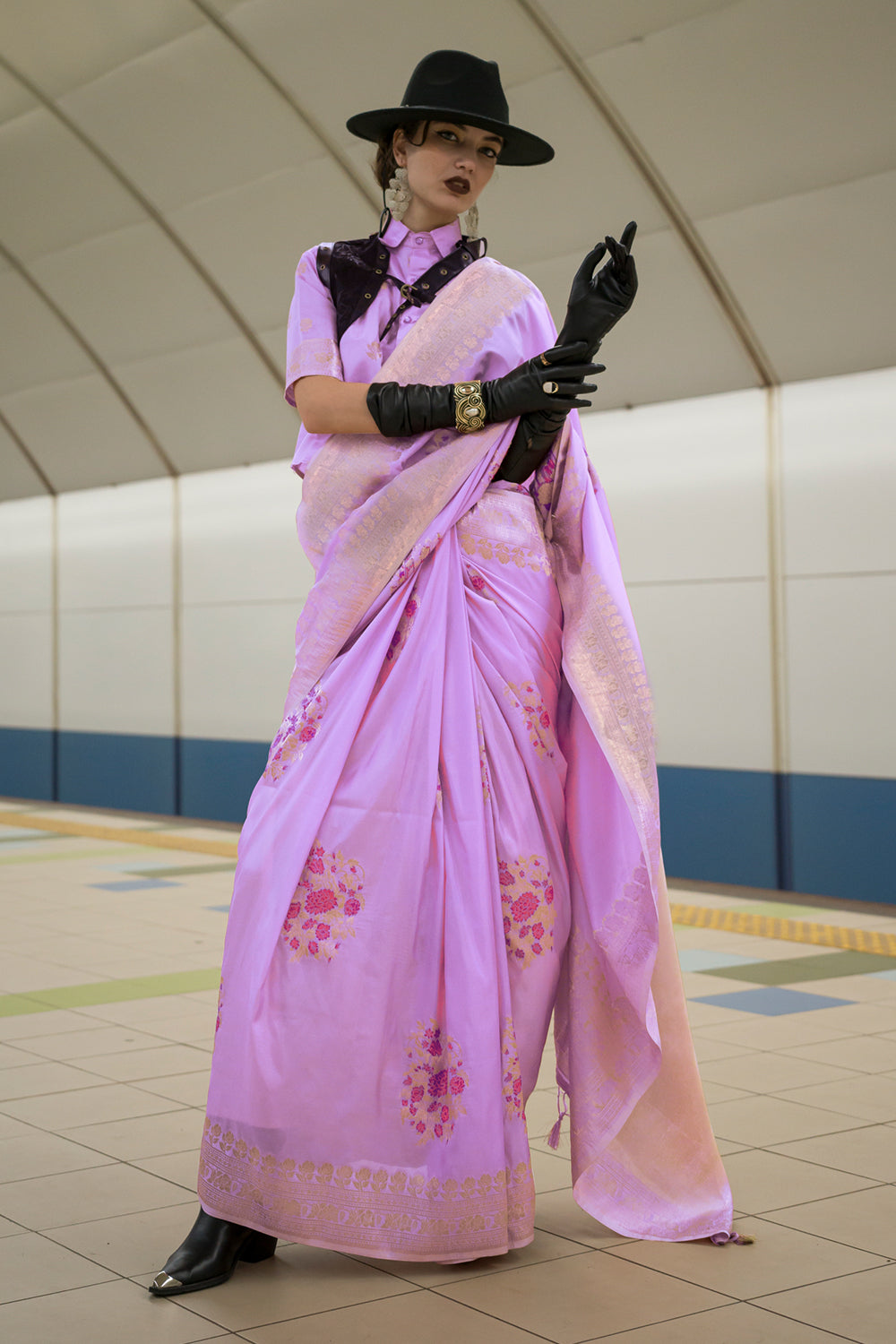 Lilac Katan Saree With Butti Blouse