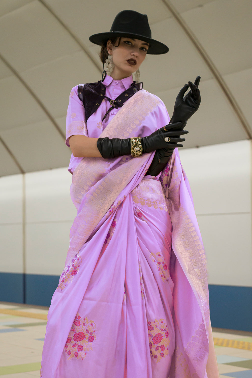 Lilac Katan Saree With Butti Blouse