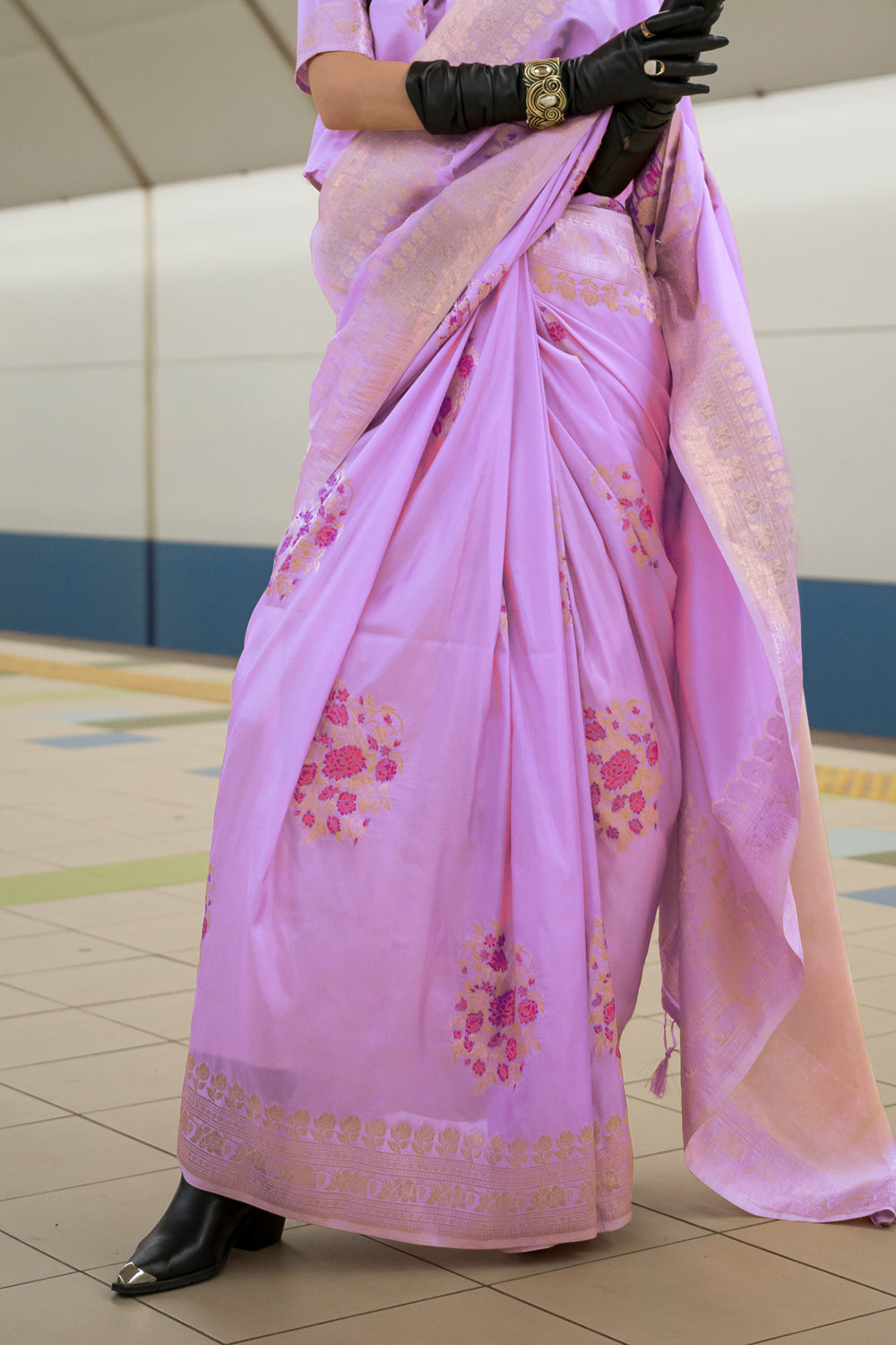 Lilac Katan Saree With Butti Blouse