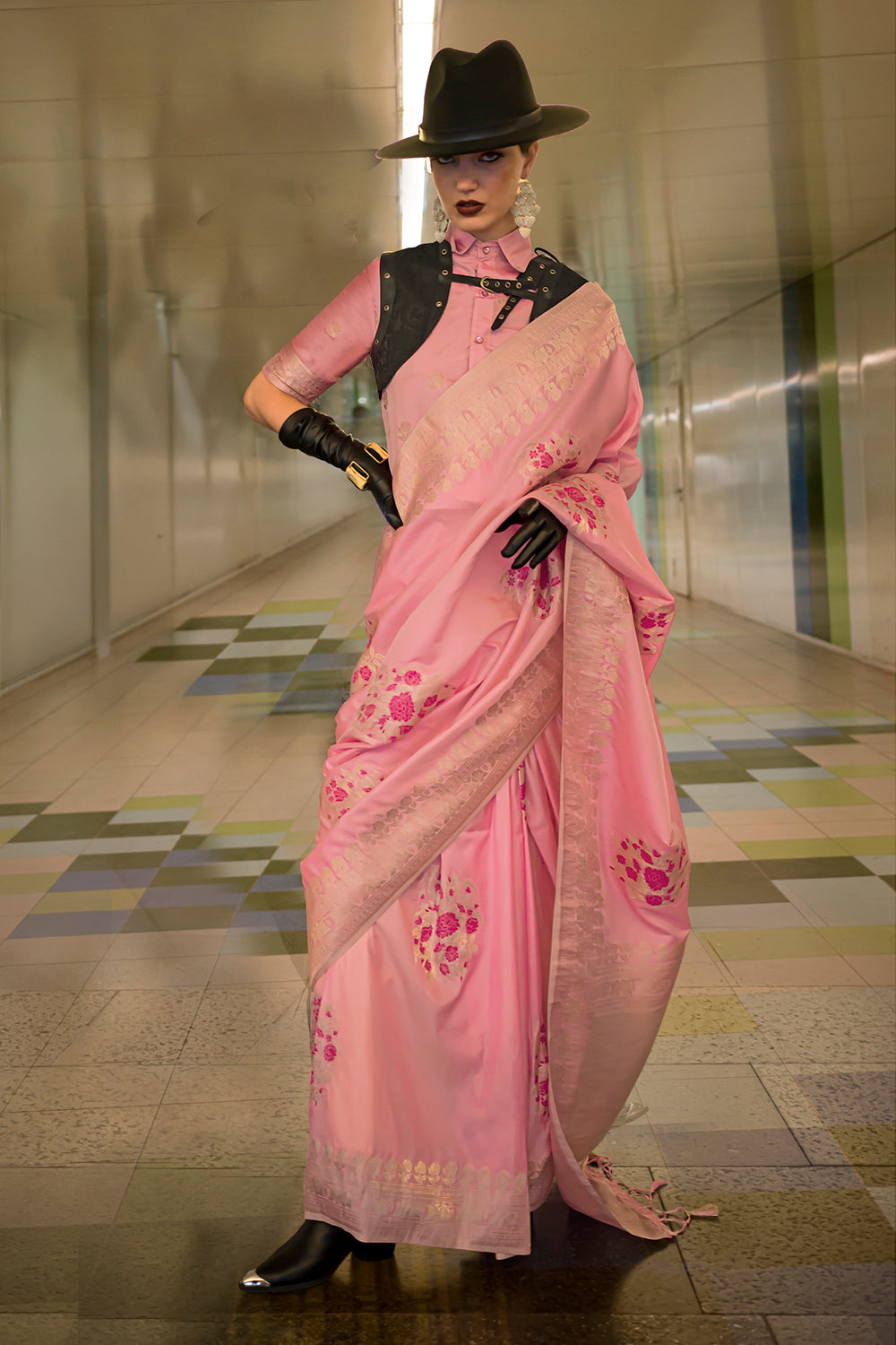Pink Katan Saree With Butti Blouse