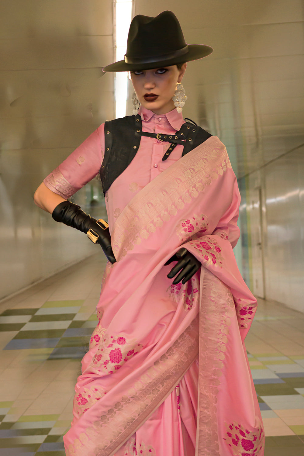 Pink Katan Saree With Butti Blouse
