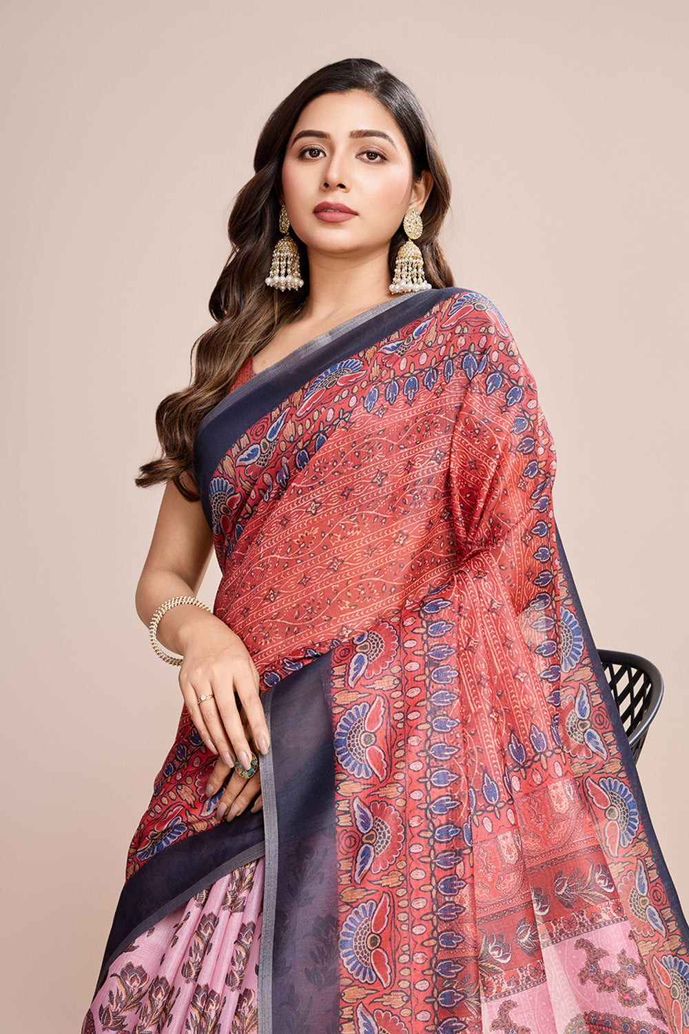 Orange Printed Saree With zari Border