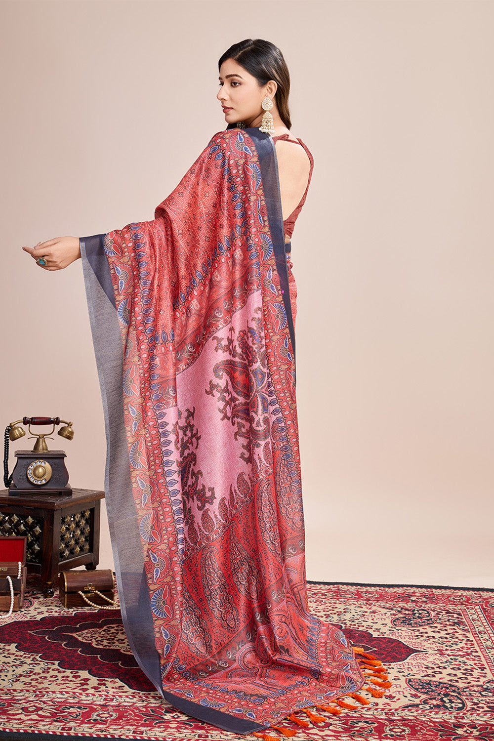 Orange Printed Saree With zari Border