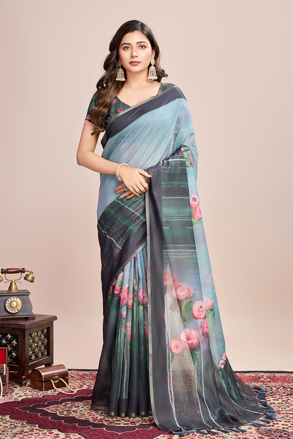 Sky Printed Saree With zari Border
