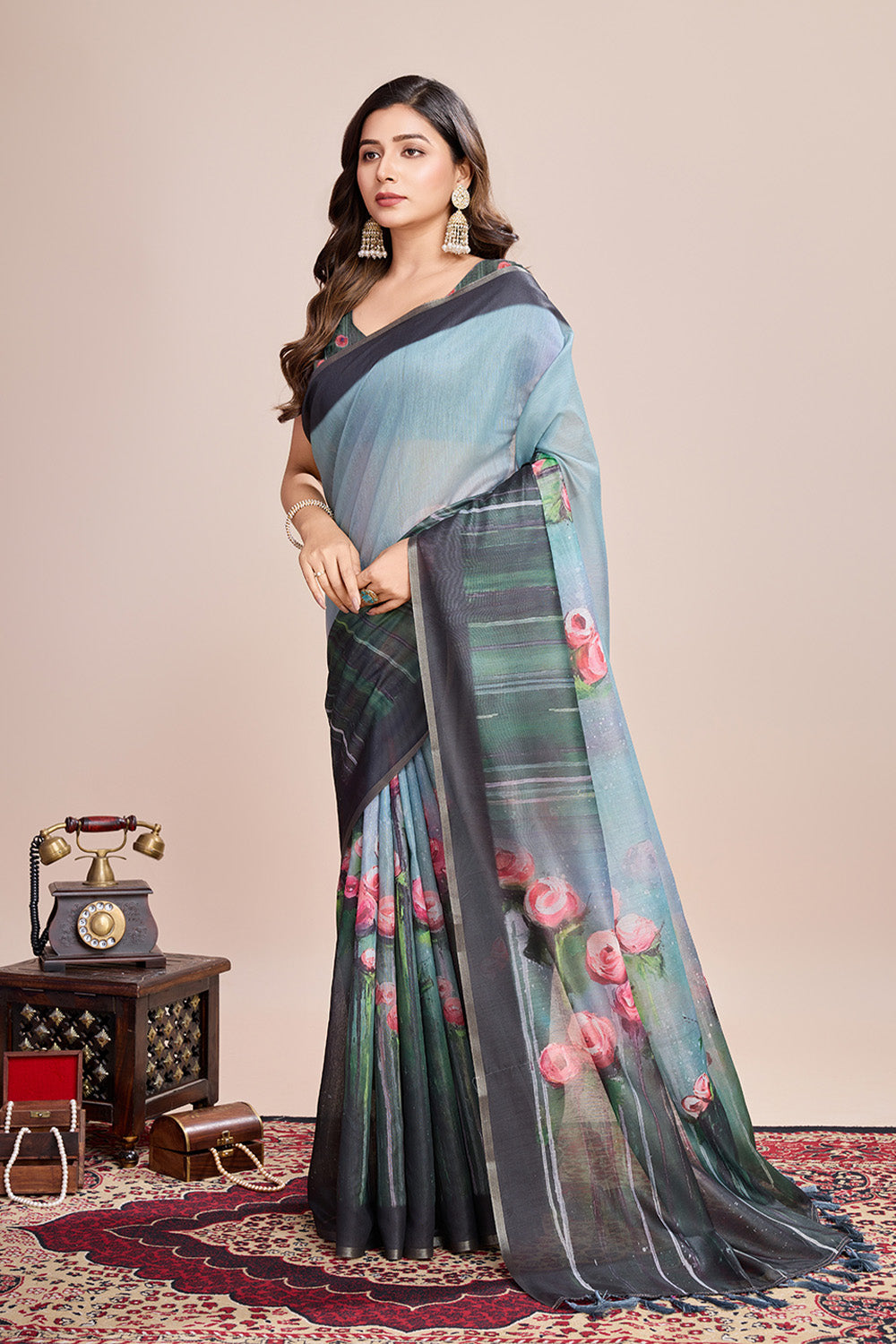 Sky Printed Saree With zari Border