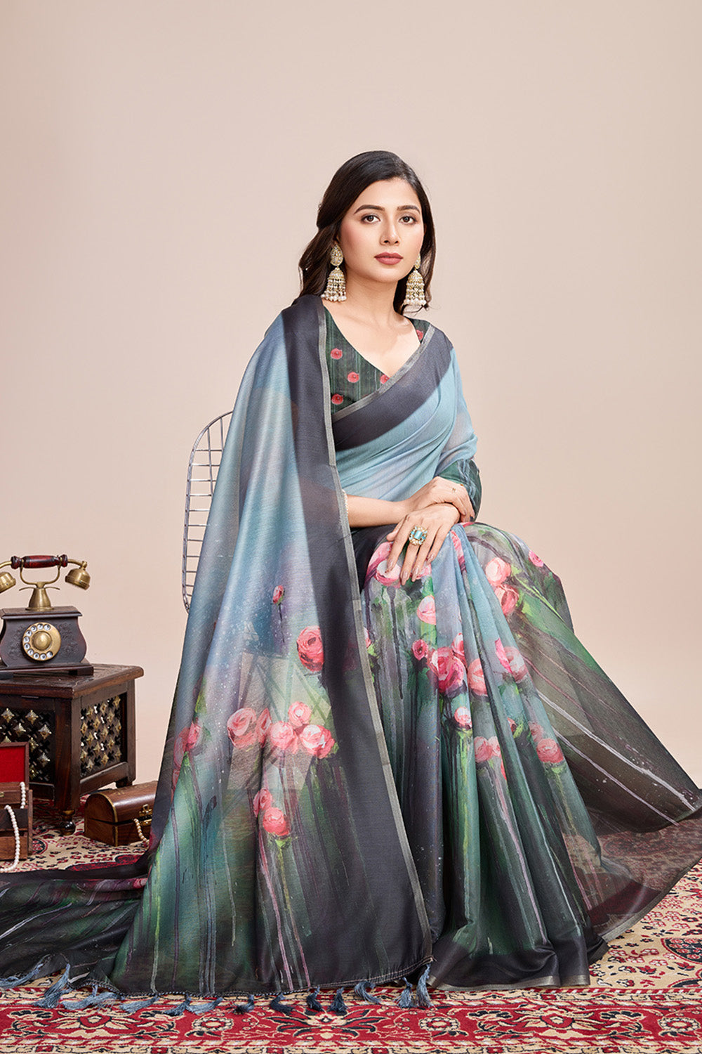 Sky Printed Saree With zari Border