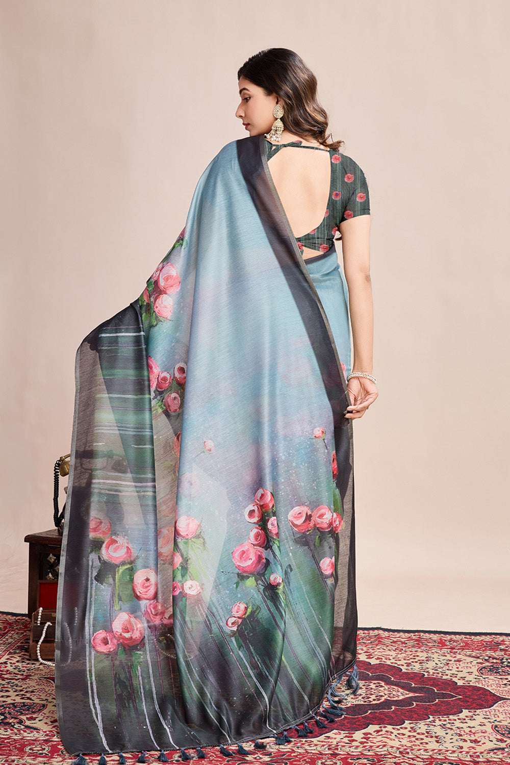 Sky Printed Saree With zari Border