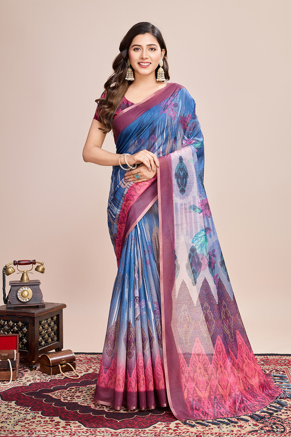 Blue Printed Saree With zari Border