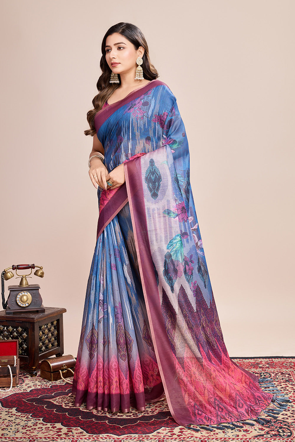 Blue Printed Saree With zari Border