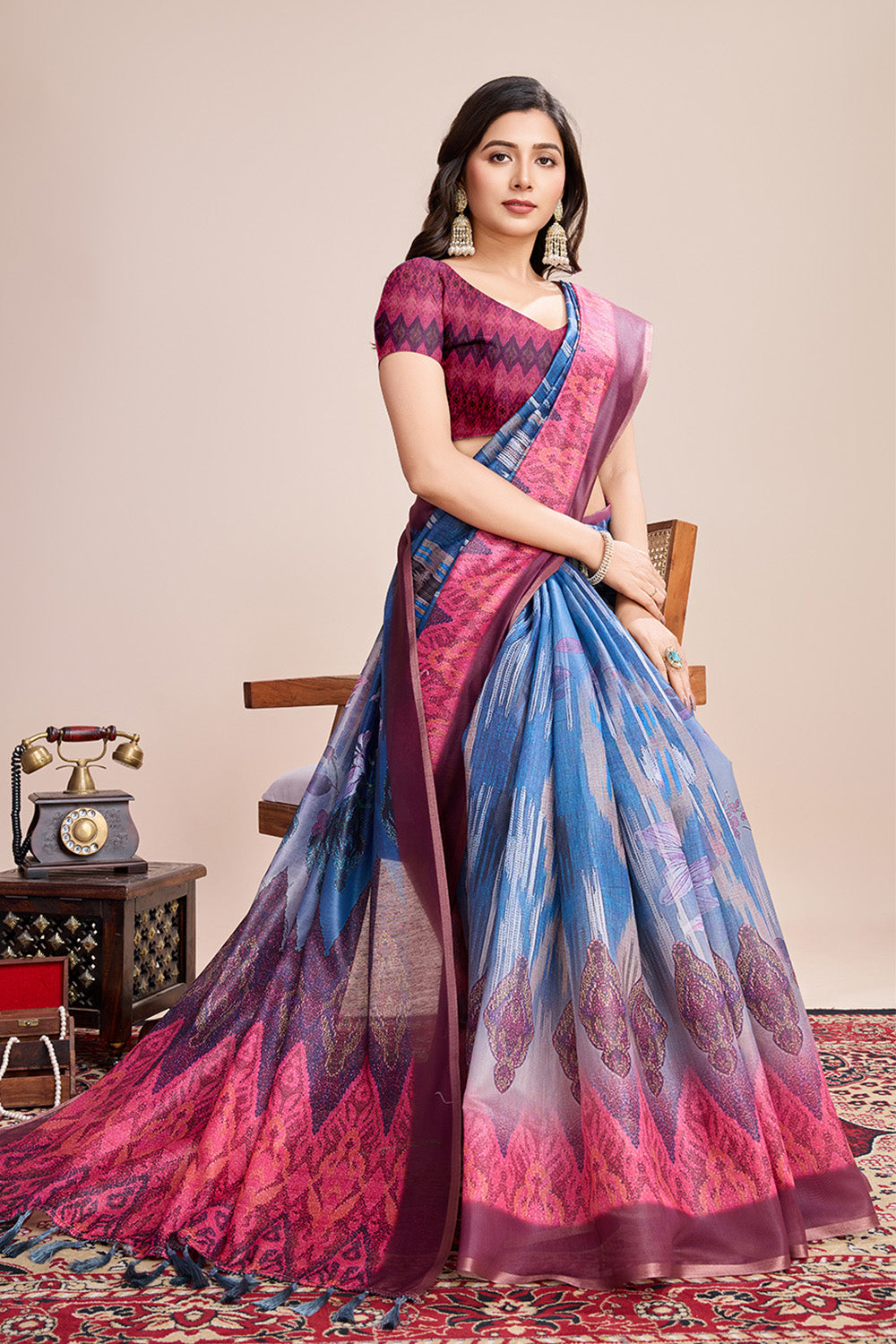Blue Printed Saree With zari Border