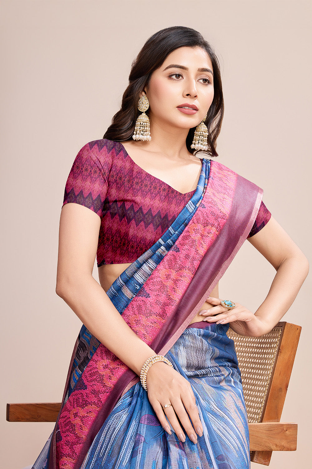 Blue Printed Saree With zari Border