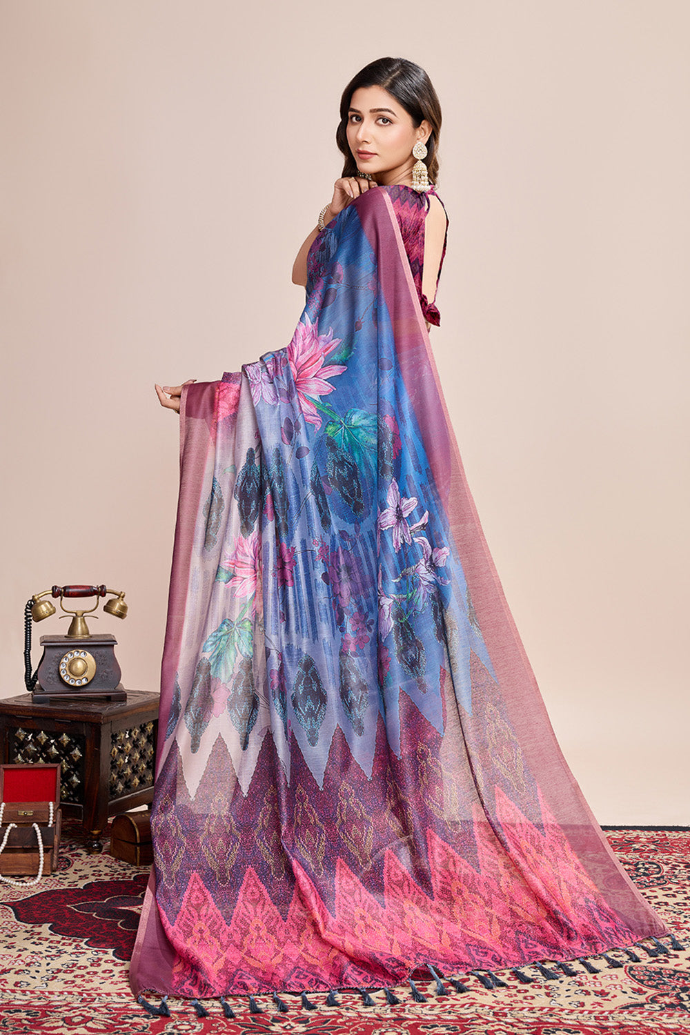 Blue Printed Saree With zari Border