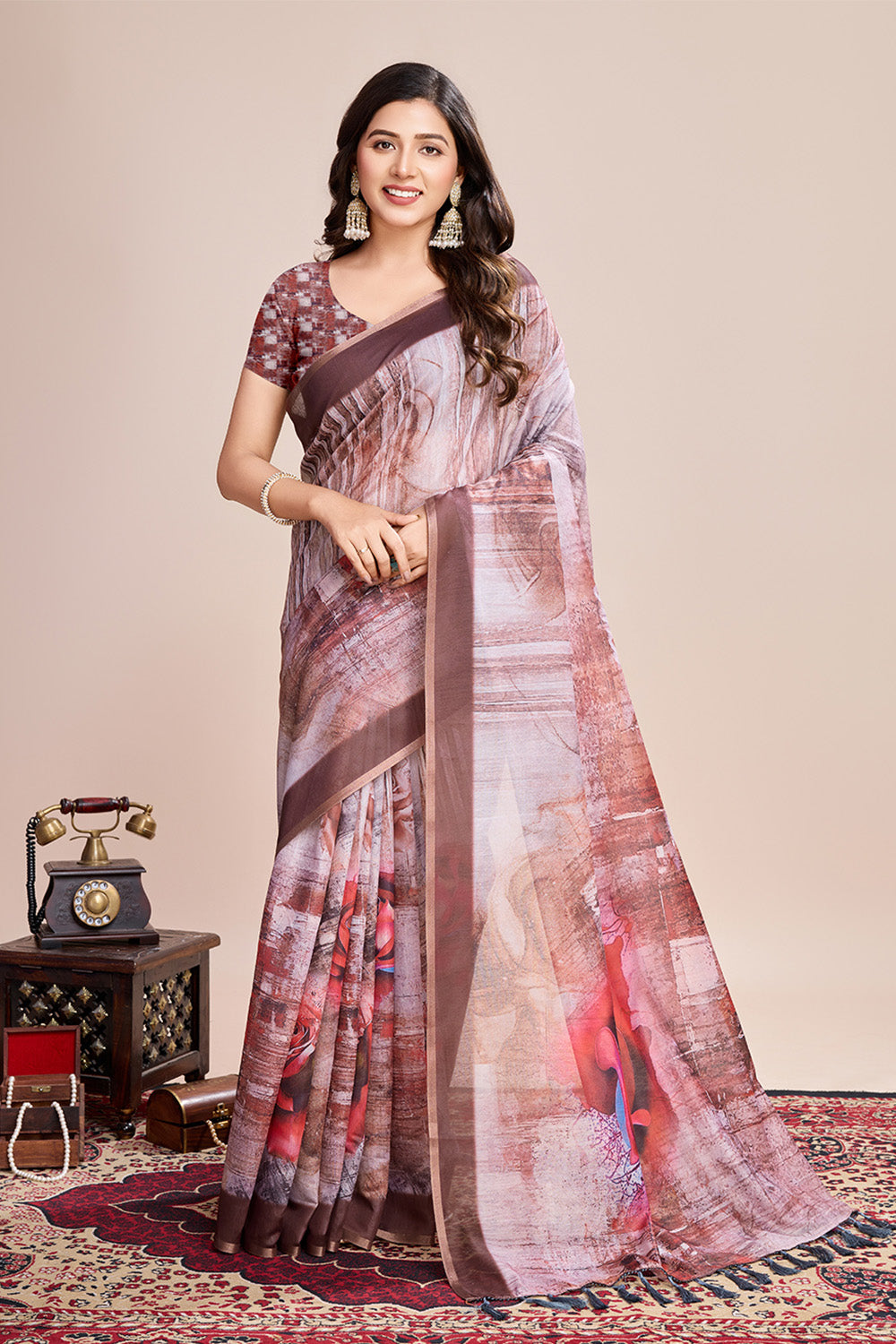Cream Printed Saree With zari Border
