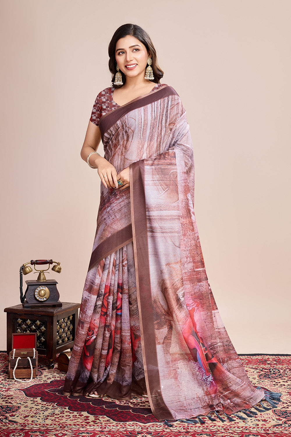 Cream Printed Saree With zari Border