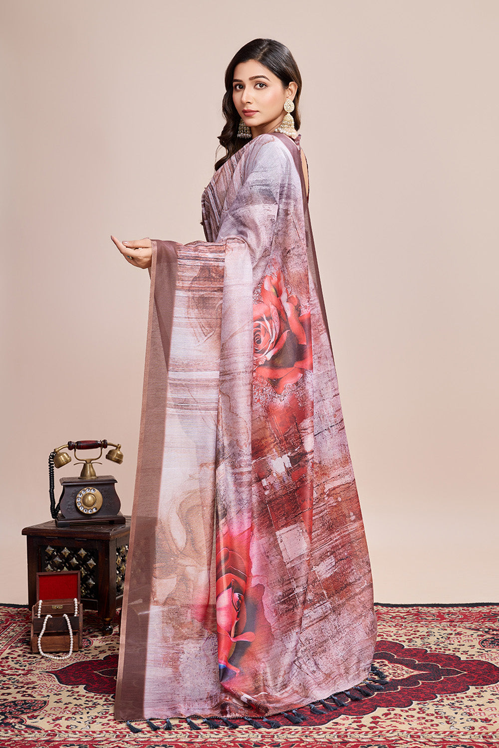 Cream Printed Saree With zari Border