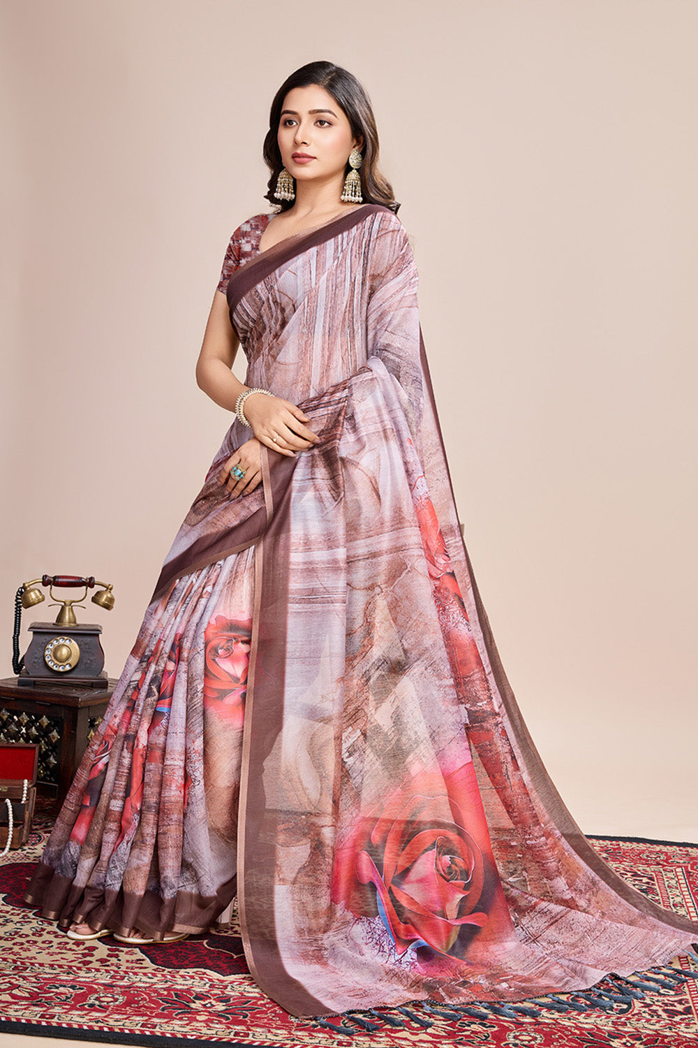 Cream Printed Saree With zari Border