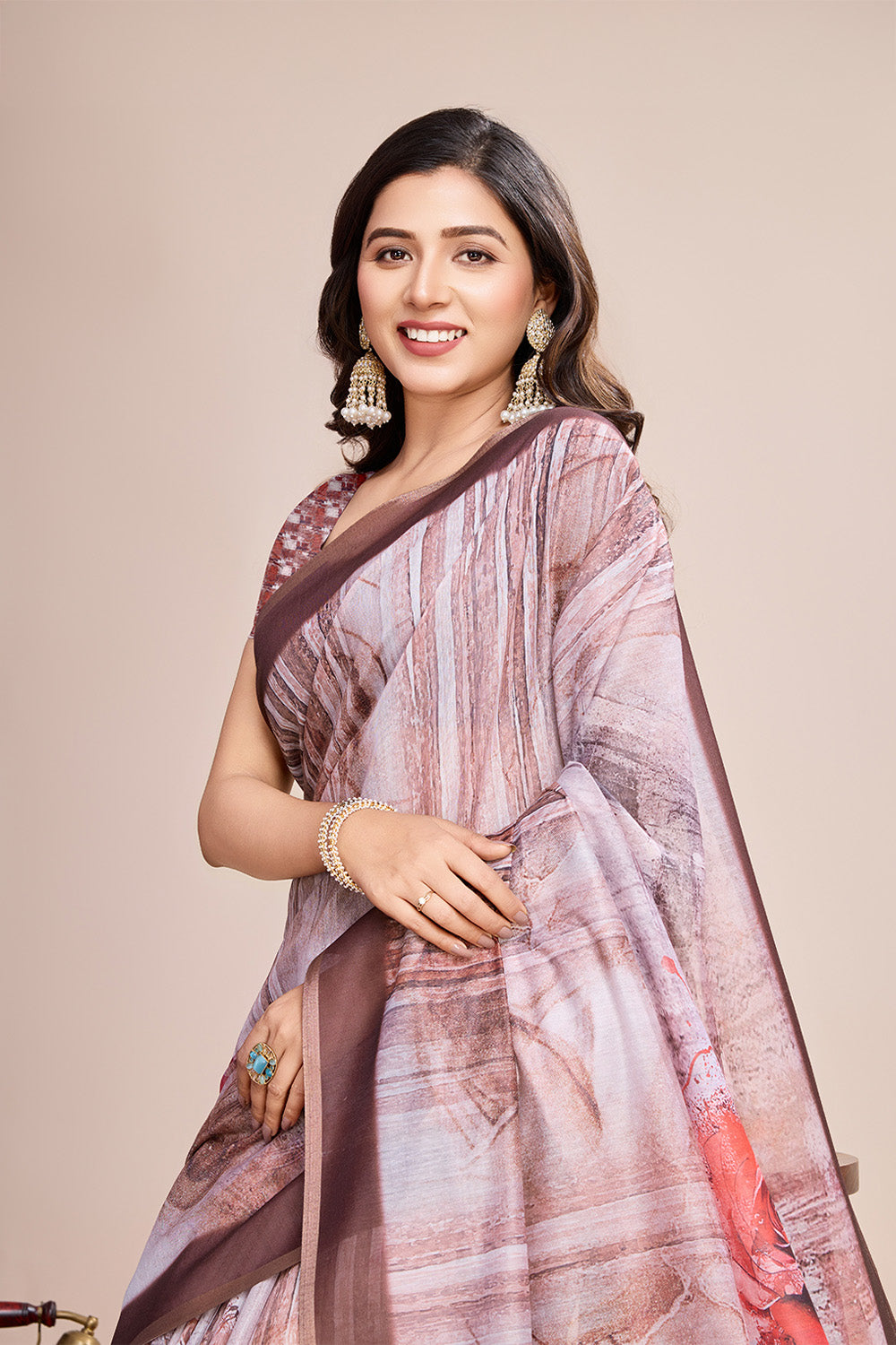 Cream Printed Saree With zari Border