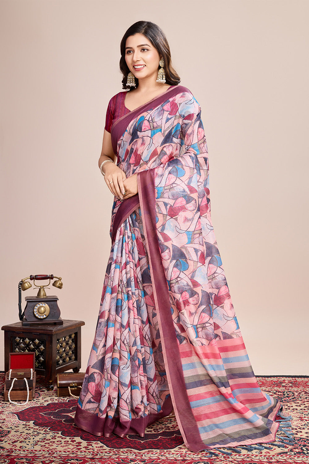 Multicolor Printed Saree With Zari Border