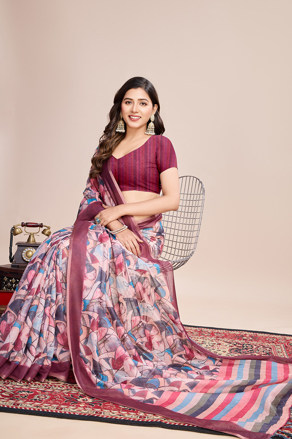 Multicolor Printed Saree With Zari Border