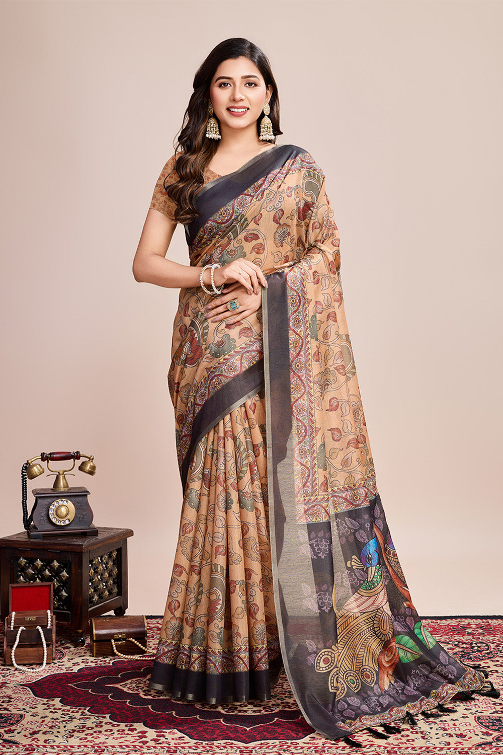 Cream Printed Saree With Zari Border