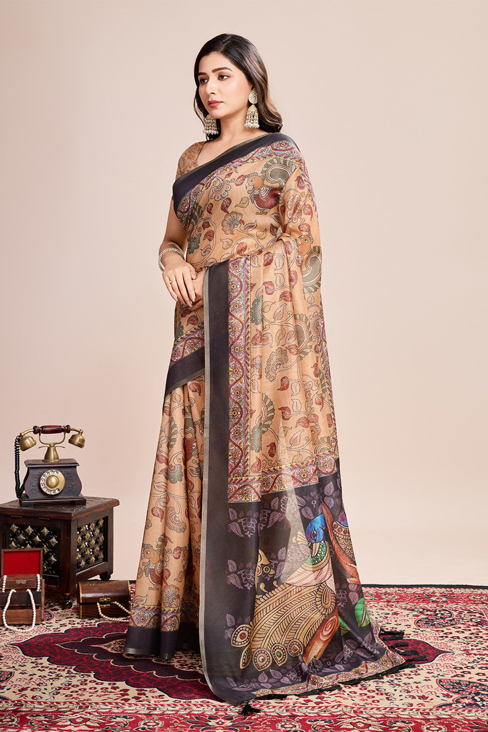 Cream Printed Saree With Zari Border