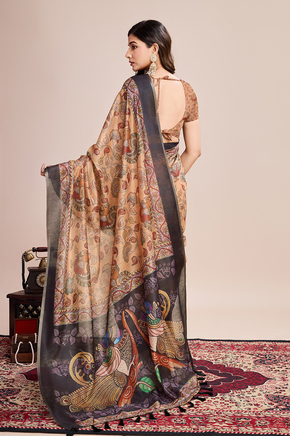 Cream Printed Saree With Zari Border