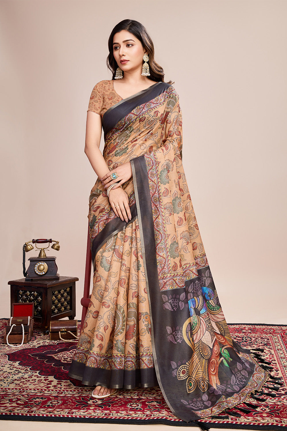 Cream Printed Saree With Zari Border