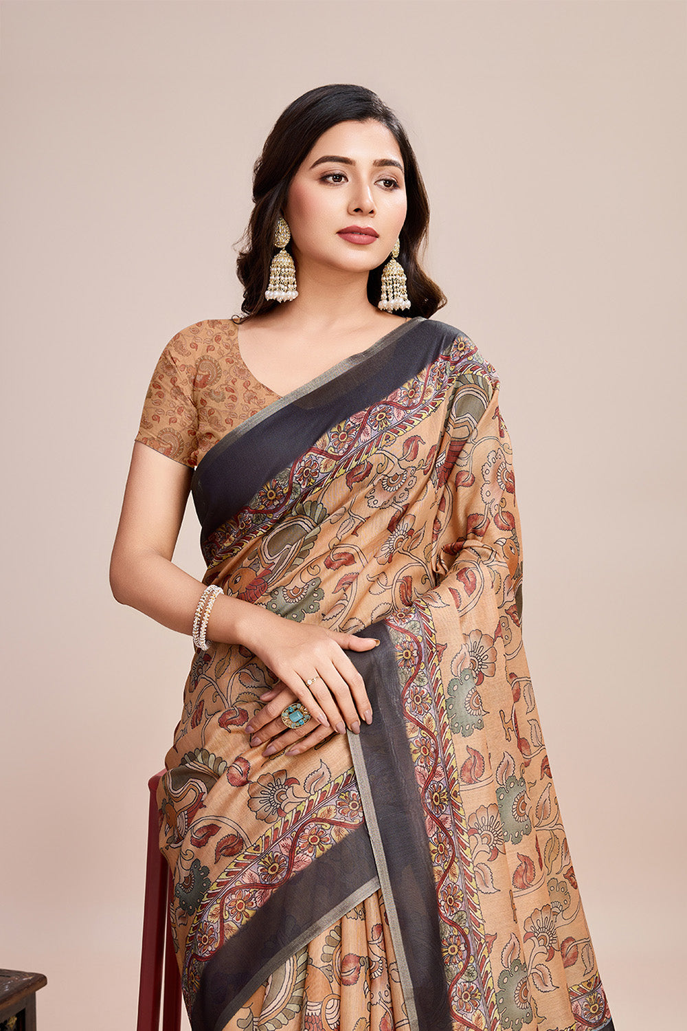 Cream Printed Saree With Zari Border