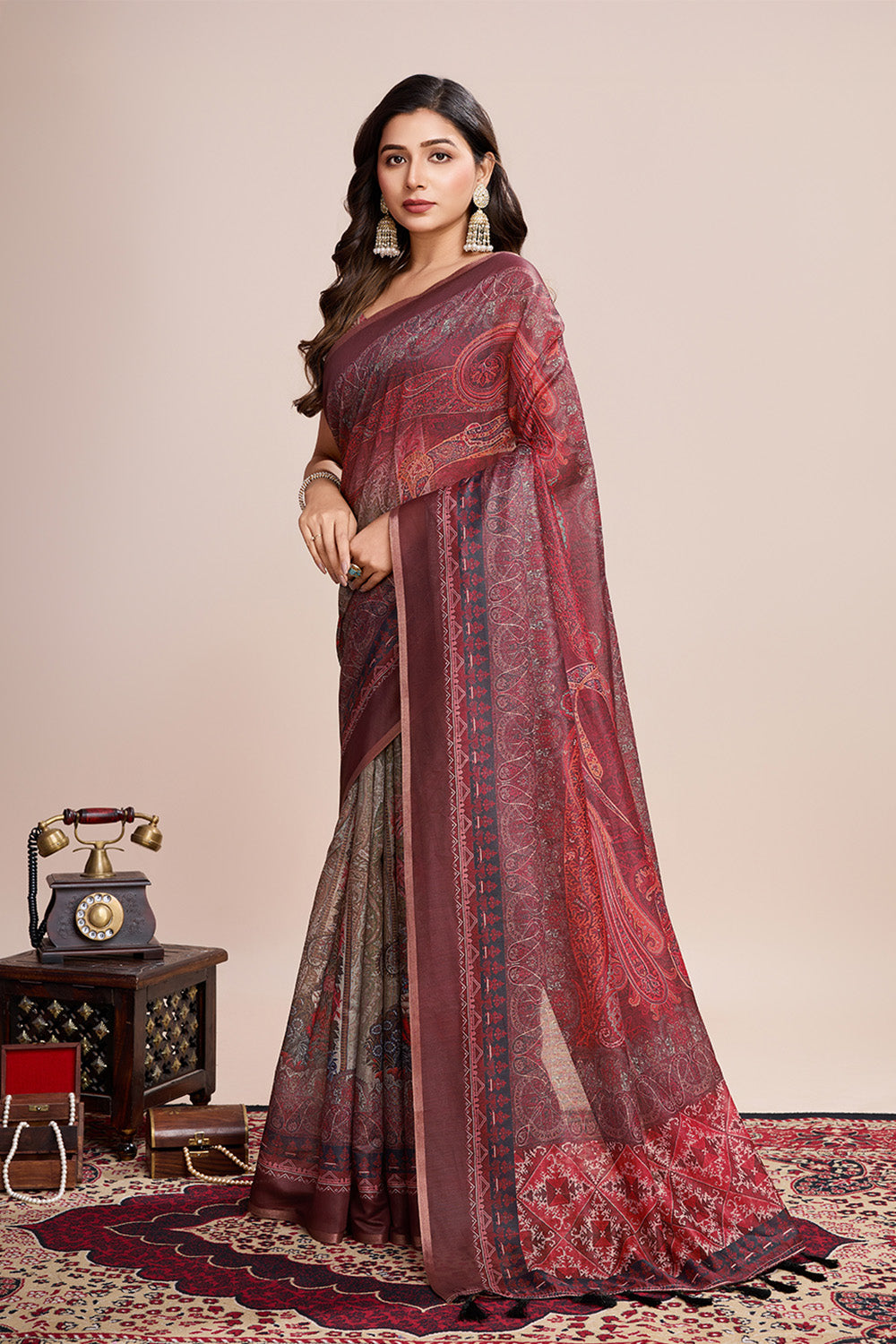 Red Printed Saree With Zari Border